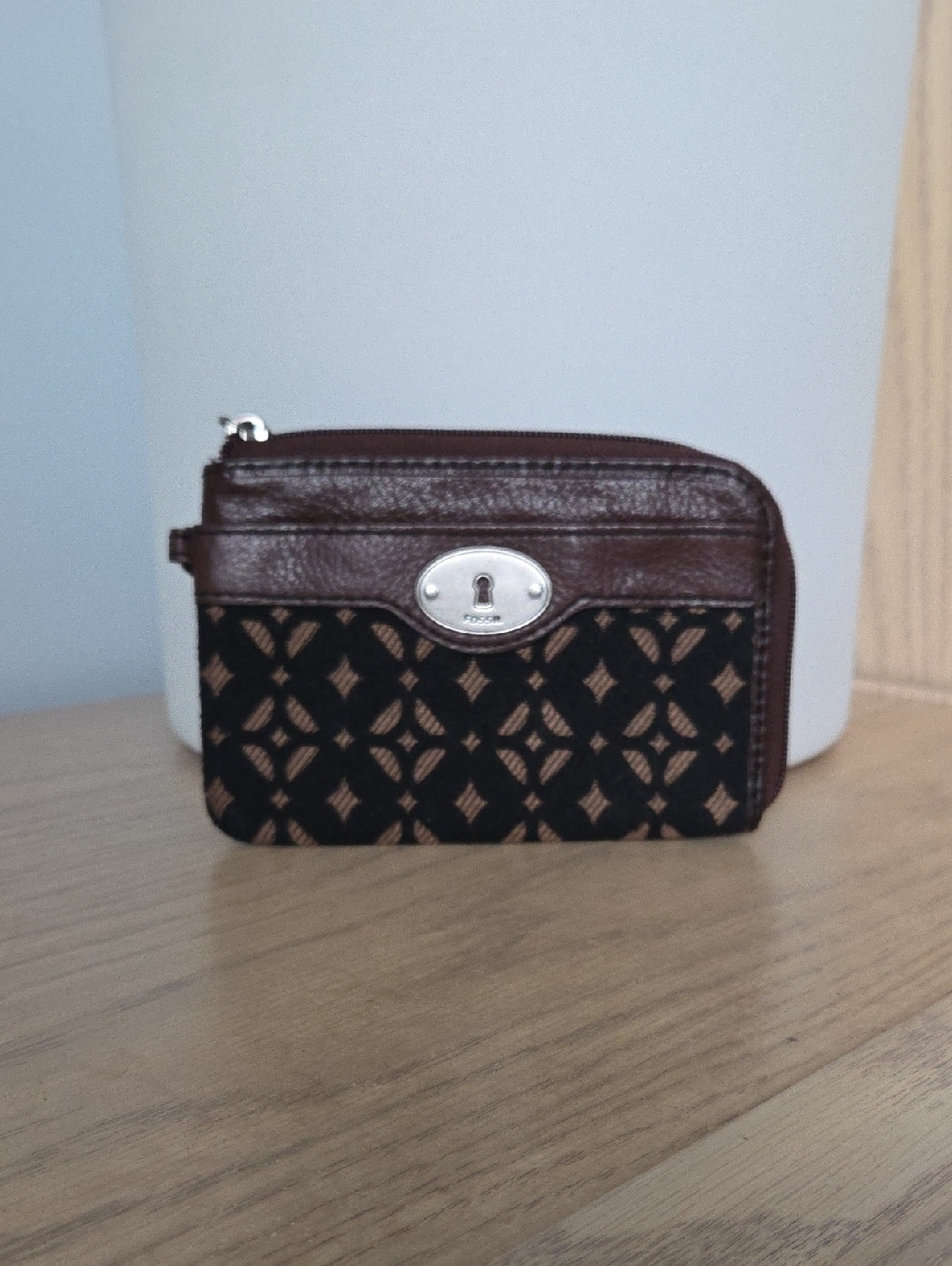 Fossil Black & Brown Patterned Zip Card Wallet Wristlet